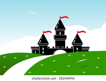 The palace with flags in clouds and a field with flowers