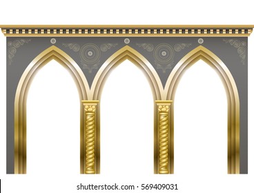 Palace gold Arcade in an old oriental style. Facade of a classical building. Vector graphics