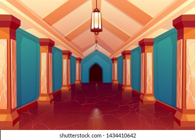 Palace hall, castle column empty corridor interior, gorgeous hallway with pillars and marble floor, perspective view. Background for computer game, antique architecture. Cartoon vector Illustration