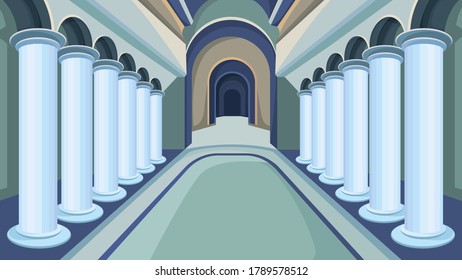 Palace hall with columns. Evening castle interior.