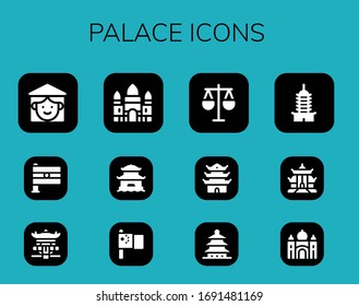 palace icon set. 12 filled palace icons. Included Vietnamese, India, Pagoda, Angkor wat, China, Law, Taj mahal icons