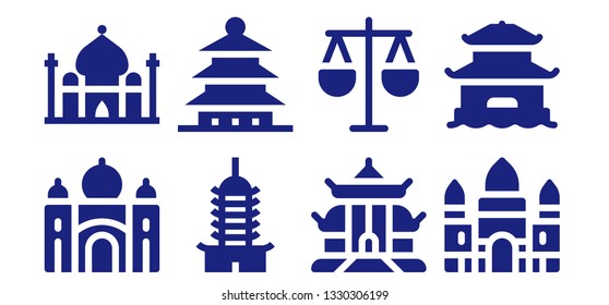 palace icon set. 8 filled palace icons.  Collection Of - Taj mahal, Pagoda, Law, Angkor wat