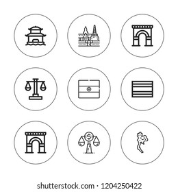 Palace icon set. collection of 9 outline palace icons with arch, bangkok, law, india, pagoda icons. editable icons.