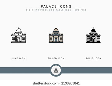 Palace icons set vector illustration with solid icon line style. City building concept. Editable stroke icon on isolated background for web design, user interface, and mobile app