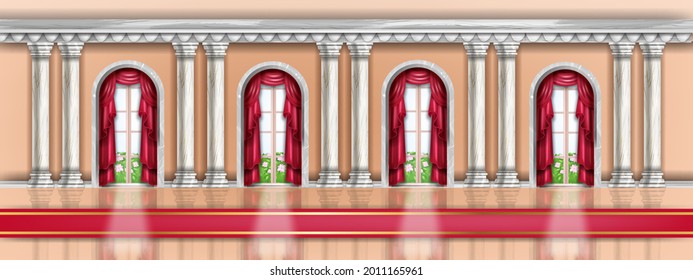 Fondo interior del palacio, salón de baile del castillo vectorial, vestíbulo de lujo real, columna de mármol, alfombra, cortina. Clásica ventana barroca de arco de galería, columna de piedra. Tradicional interior de palacio de balaustrada