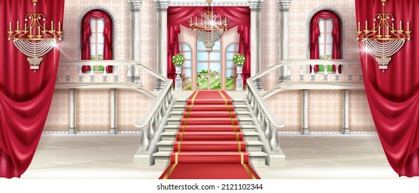 Palace interior background, vector castle ballroom hall, medieval royal room illustration. Marble rococo staircase, golden chandelier, luxury red carpet, curtain windows. Palace interior web banner