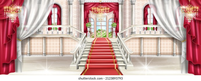 Palace interior background, vector castle hall illustration, medieval luxury ballroom, marble staircase. Royal vintage museum room, red carpet, rococo chandelier, pillar, arch window. Palace interior