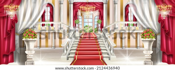 Palace interior background, vector castle hall\
illustration, marble staircase, medieval luxury ballroom. Royal\
vintage museum room, pillar, arch window, red carpet, vase,\
chandelier. Palace\
interior