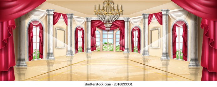 Palace interior vector background, castle hall, classic ballroom illustration, arch window, marble column. Luxury wedding banquet room, gallery apartment, golden chandelier. Vintage palace interior