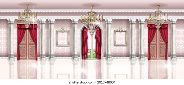 Palace interior vector background, rich vintage ballroom hall, royal luxury baroque room, marble floor. Old wooden door, red curtain, pillars, arch window, column, chandelier. Banquet palace interior 