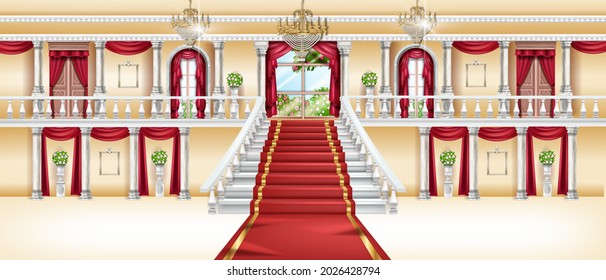 Palace interior, vector castle room background, royal ballroom, arch window, red carpet, marble column. Luxury hotel hall, white staircase balustrade, golden chandelier. Rich vintage palace interior