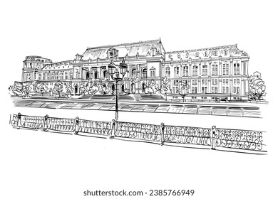 Palace of Justice. Bucharest. Romania. Hand drawn city sketch. Vector illustration.