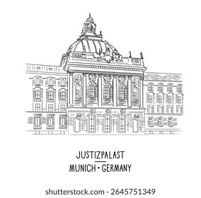 Palace of Justice in Munich, Germany. Hand drawn outline artwork, vector monochrome illustration. Graphic sketch with German attraction. Engraving style trendy artwork for print and design