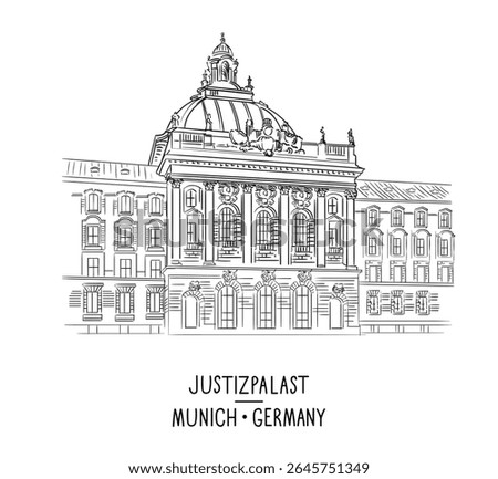 Palace of Justice in Munich, Germany. Hand drawn outline artwork, vector monochrome illustration. Graphic sketch with German attraction. Engraving style trendy artwork for print and design