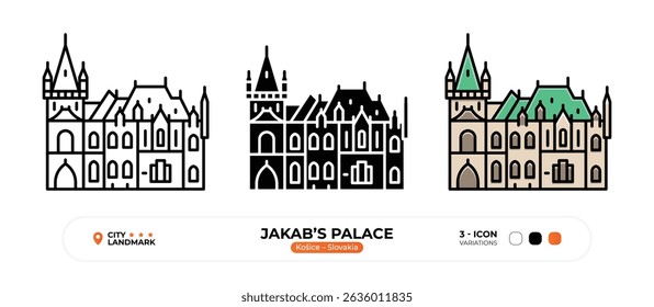 Jakab’s Palace Line Icon, Košice, Slovakia Landmark Silhouette, Color Vector, Editable Stroke.
