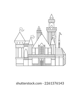 Palace lineart for kids princess fairytale coloring book, playground wallpaper, birthday drawing