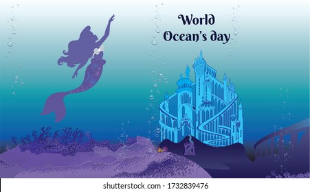 The palace of mermaid under ocean illustration. The world ocean's day vector. mermaid fish floating into the water.