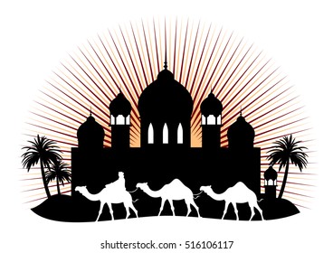 The palace in the middle of the desert, surrounded by palm trees and a caravan of camels