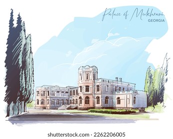 Palace of Mukhrani. Country mansion near Mukhrani village, Georgia. Sketch for a Postcard or Travel Blog. Line drawing painted and isolated on white background. EPS10 vector illustration