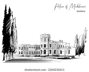 Palace of Mukhrani. Country mansion near Mukhrani village, Georgia. Sketch for a Postcard or Travel Blog. Black Line drawing isolated on white background. EPS10 vector illustration