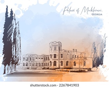 Palace of Mukhrani. Country mansion near Mukhrani village, Georgia. Line drawing on a grunge textured background isolated on white background. EPS10 vector illustration