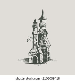 The palace is an old fortress. Vintage building emblem hand drawing. Sketch vector illustration