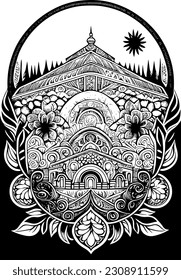 palace outdoor black and white illustration design highly detailed quality