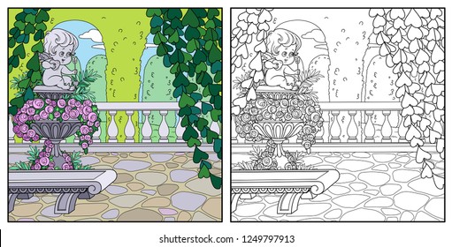 Palace Park cozy corner near garden marble vase with a statue of Cupid color and outlined for coloring