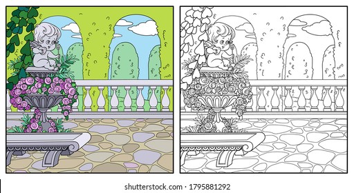 Palace Park cozy corner near garden marble vase with a statue of Cupid color for coloring page