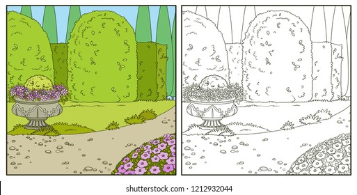 Palace Park with topiary and flowers in a flowerpot and flowerbed coloring book