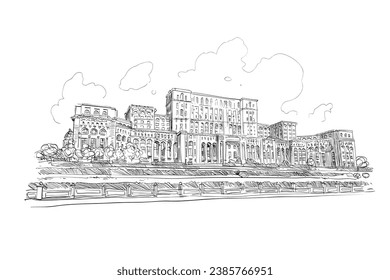 Palace of Parliament on Spirius Hill. Bucharest. Romania. Hand drawn city sketch. Vector illustration.