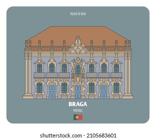 Palace of Raio in Braga, Portugal. Architectural symbols of European cities. Colorful vector 