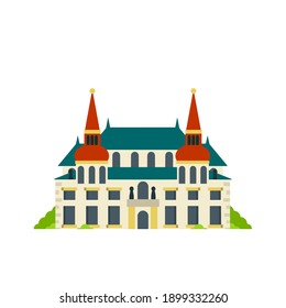 Palace and residence. European architecture. Old town. Beautiful house and building. The Baroque style. Towers and walls. Tourist attraction. Flat cartoon