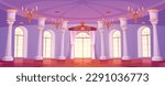 Palace room, royal castle ballroom. Luxury interior of medieval dance hall with windows, curtains, columns and gold chandeliers, vector cartoon illustration