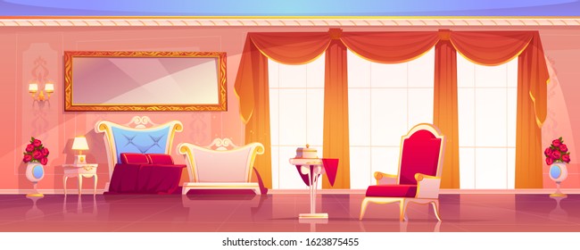 Palace room royal empty interior in classical empire style, luxury lounge apartments. comfortable castle chamber with retro furniture and floor-to-ceiling window background Cartoon vector illustration