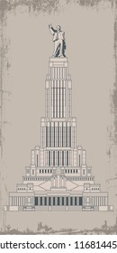 Palace of Soviets. Old Outline Paper, Vector Stylization