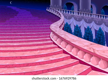 Palace Stairs At Midnight. Vector Cartoon Illustration