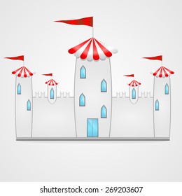palace with towers, walls, flags, windows
