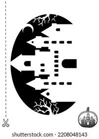 Palace And Trees. Halloween Pumpkin Stencil. Printable Page, Book With Stencils And 3d Pumpkin Mockup.