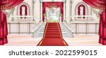 Palace vector interior background, luxury castle hall, marble staircase, arch window, carpet, chandelier. Rich classic ballroom, red curtain, balustrade, pillars. Vintage fairytale palace interior 