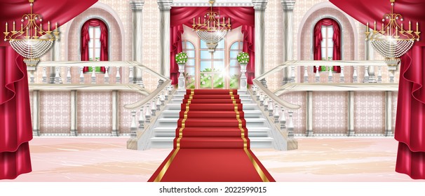 Palace vector interior background, luxury castle hall, marble staircase, arch window, carpet, chandelier. Rich classic ballroom, red curtain, balustrade, pillars. Vintage fairytale palace interior  - Shutterstock ID 2022599015