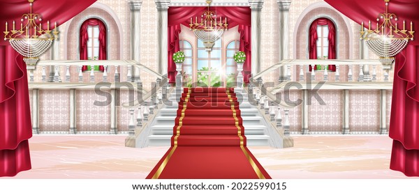 Palace vector interior background, luxury castle hall,\
marble staircase, arch window, carpet, chandelier. Rich classic\
ballroom, red curtain, balustrade, pillars. Vintage fairytale\
palace interior 