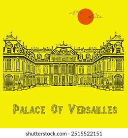 Palacio de Versalles. Intrincado bosquejo de Vector del majestuoso Palacio de Versalles: una obra maestra arquitectónica detallada, que captura la opulencia y la grandeza de la Regalías francesa,