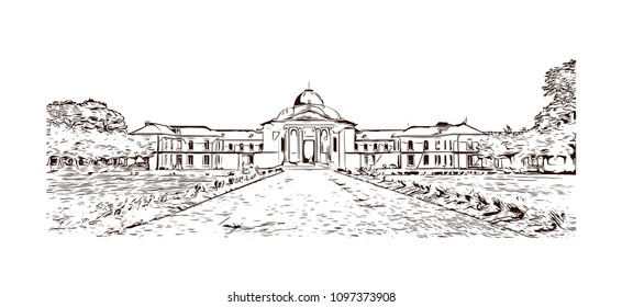 Palace Of Versailles, Museum In Versailles, France. Hand Drawn Sketch Illustration In Vector.