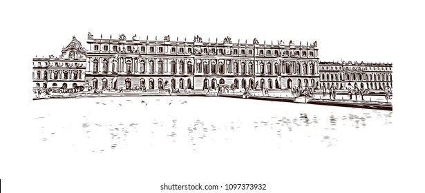 Palace of Versailles, Museum in Versailles, France. Hand drawn sketch illustration in vector.