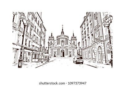 Palace of Versailles, Museum in Versailles, France. Hand drawn sketch illustration in vector.