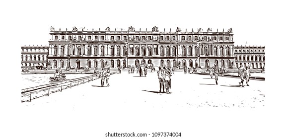 Palace Of Versailles, Museum In Versailles, France. Hand Drawn Sketch Illustration In Vector.