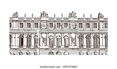 Palace Of Versailles, Museum In Versailles, France. Hand Drawn Sketch Illustration In Vector.