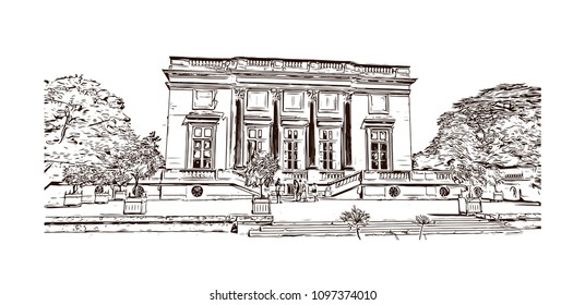 Palace of Versailles, Museum in Versailles, France. Hand drawn sketch illustration in vector.