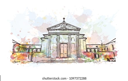 Palace of Versailles, Museum in Versailles, France. Watercolor splash with Hand drawn sketch illustration in vector.